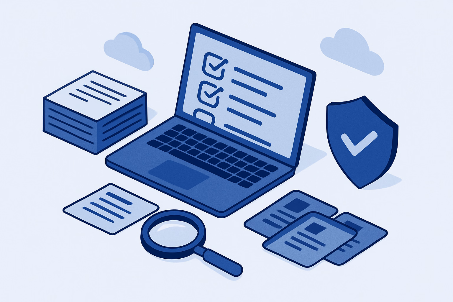 Ilustração isométrica de uma mesa de escritório com notebook, documentos, lupa sobre licenças de software e um escudo, representando a auditoria de licenças Microsoft